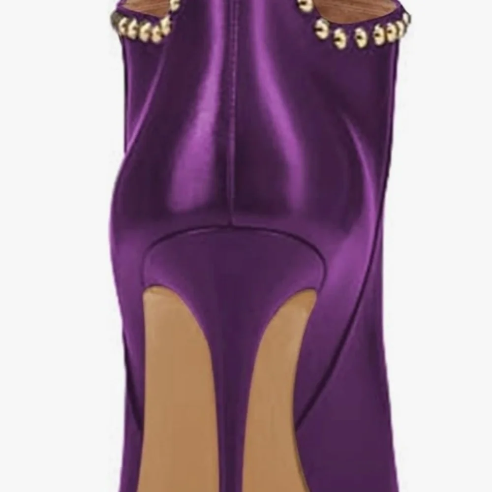 FSJ Classic Pointed Toe Stiletto High Heel Studded Ankle Boots Glossy Pull-On